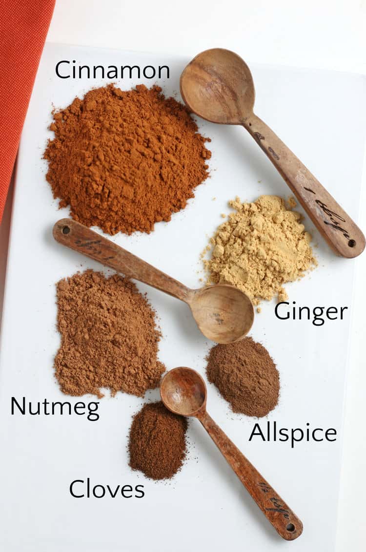pumpkin pie spice substitute ingredients on a white board with wood spoons